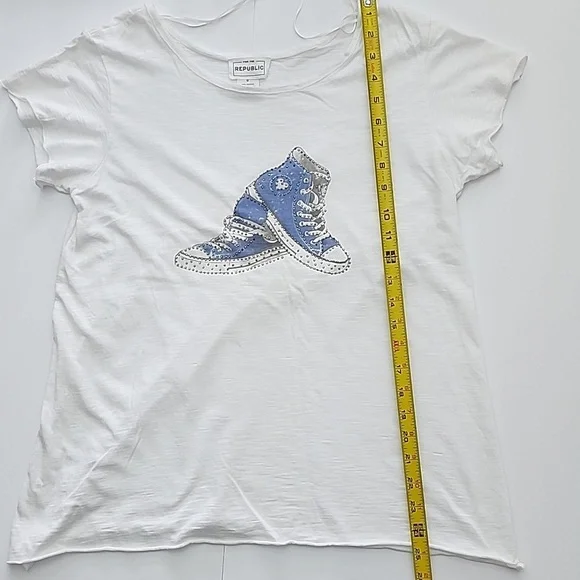 For The Republic Women's White Tee Shirt High Top Blue Rhinestone Sneaker Size S - Picture 13 of 15